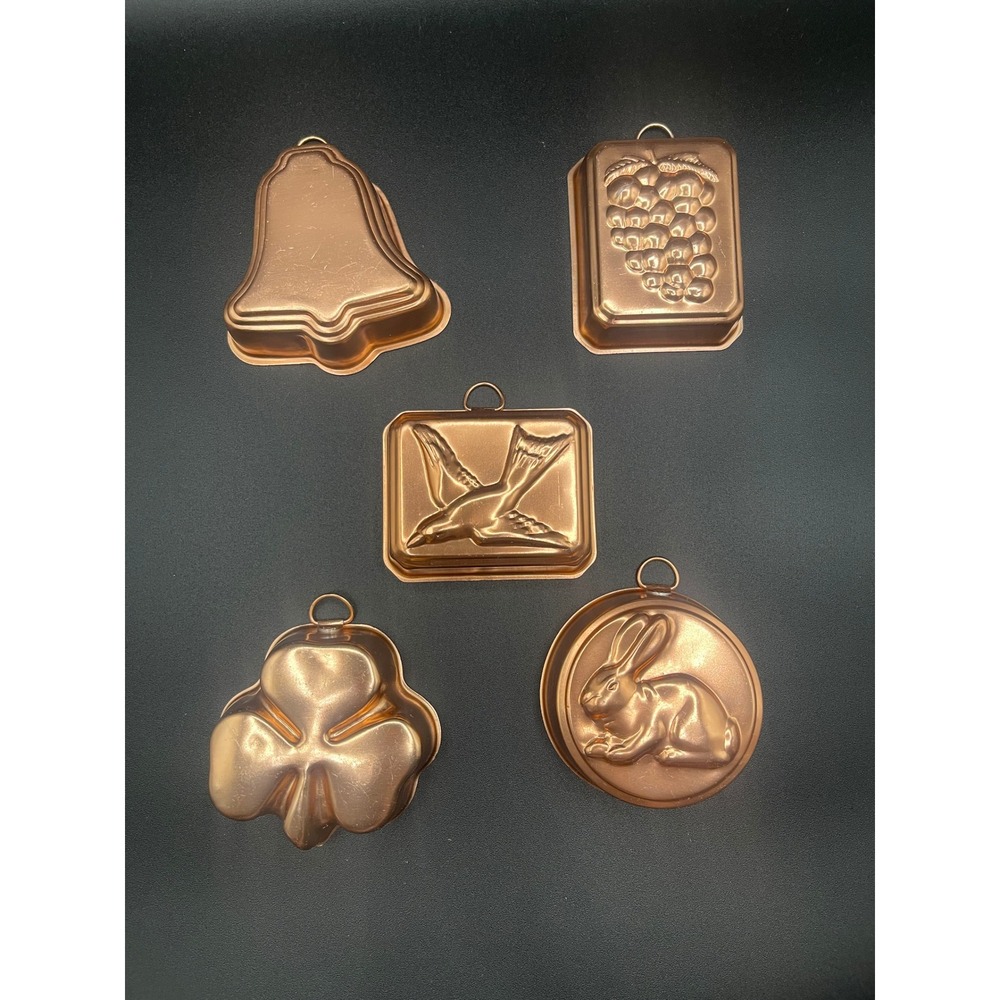 Vintage Copper Tone Metal Food Molds Set of 5 Rabbit Grapes Bird Bell Clover